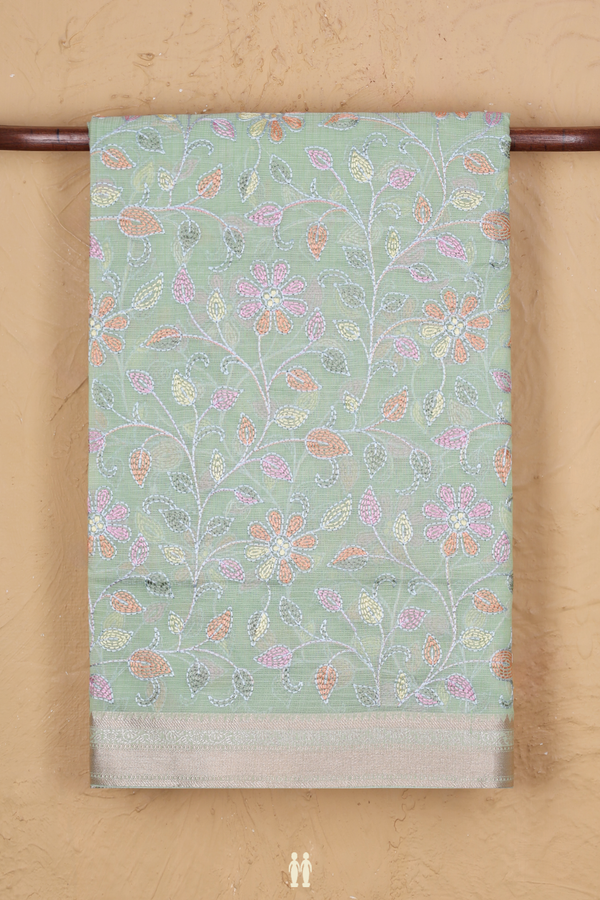 Kota Cotton Saree In Green With Floral Embroidered Design