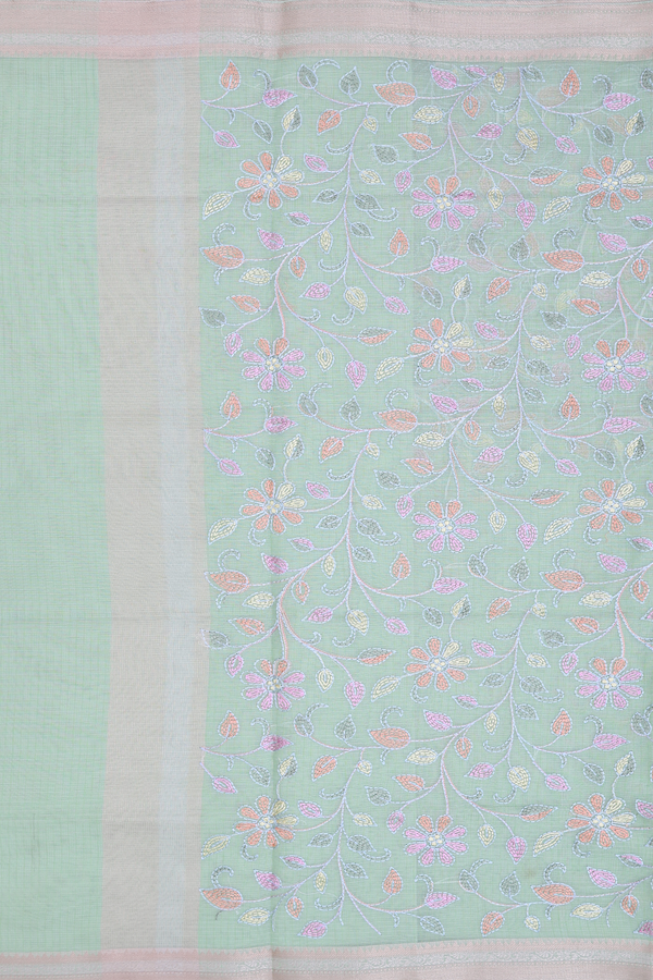 Kota Cotton Saree In Green With Floral Embroidered Design