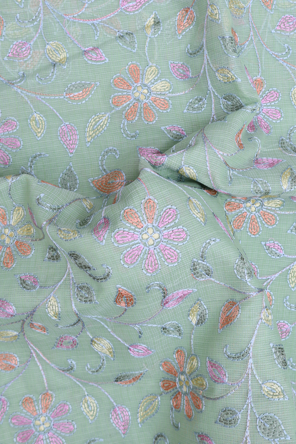 Kota Cotton Saree In Green With Floral Embroidered Design