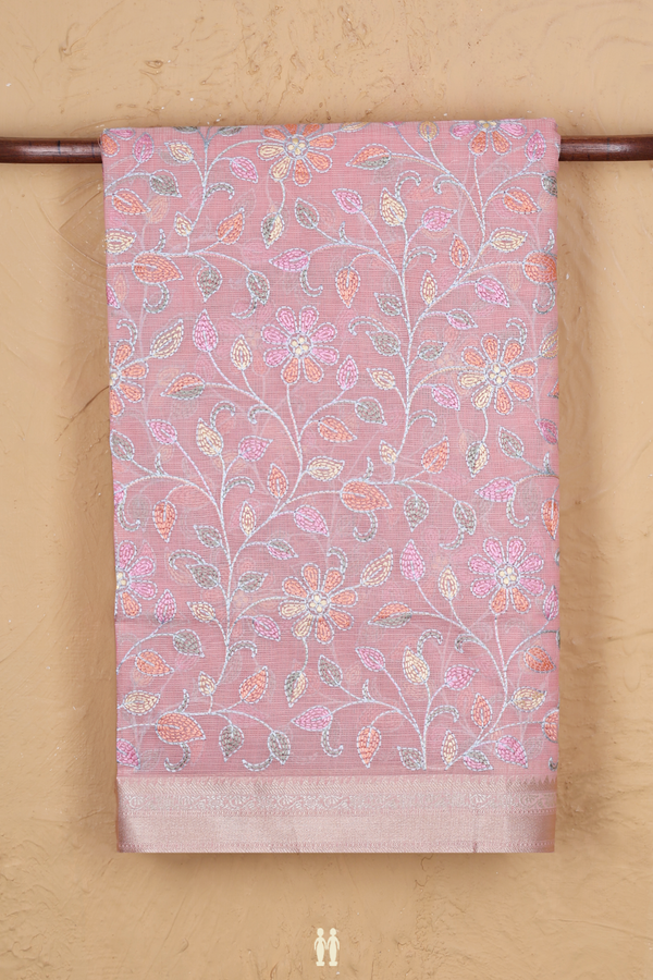 Kota Cotton Saree In Pink With Floral Embroidered Design