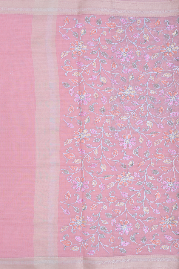 Kota Cotton Saree In Pink With Floral Embroidered Design