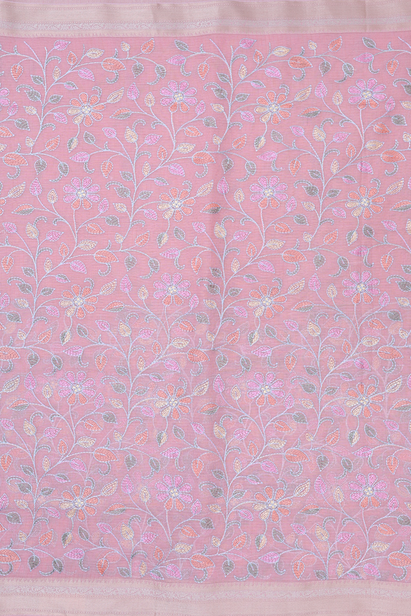 Kota Cotton Saree In Pink With Floral Embroidered Design