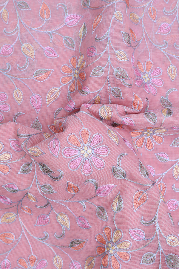 Kota Cotton Saree In Pink With Floral Embroidered Design