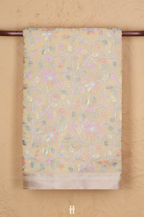 Kota Cotton Saree In Yellow With Floral Embroidered Design