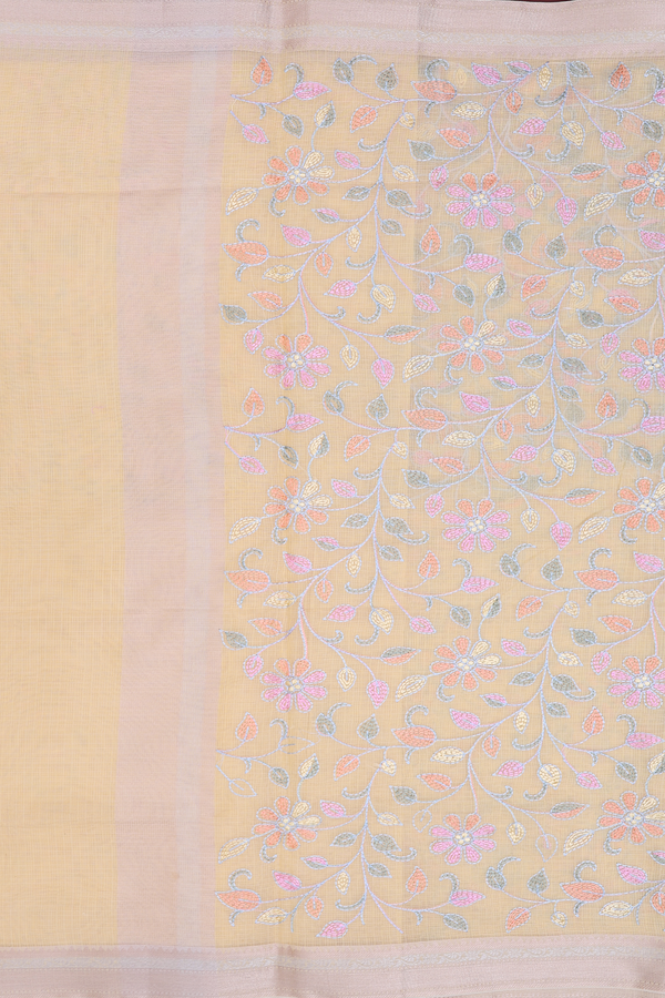 Kota Cotton Saree In Yellow With Floral Embroidered Design