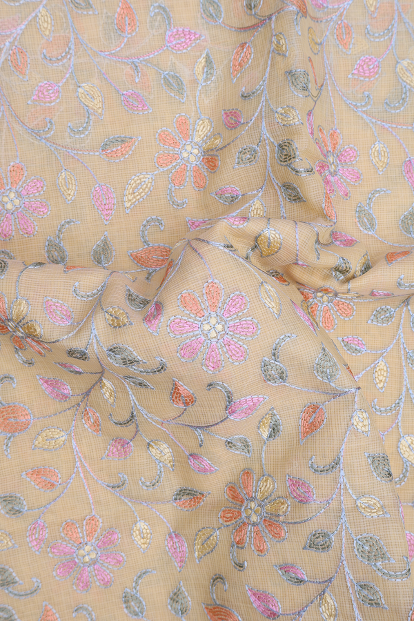 Kota Cotton Saree In Yellow With Floral Embroidered Design