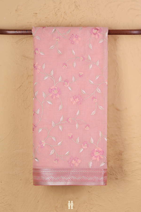 Kota Cotton Saree In Peachy Pink With Floral Design