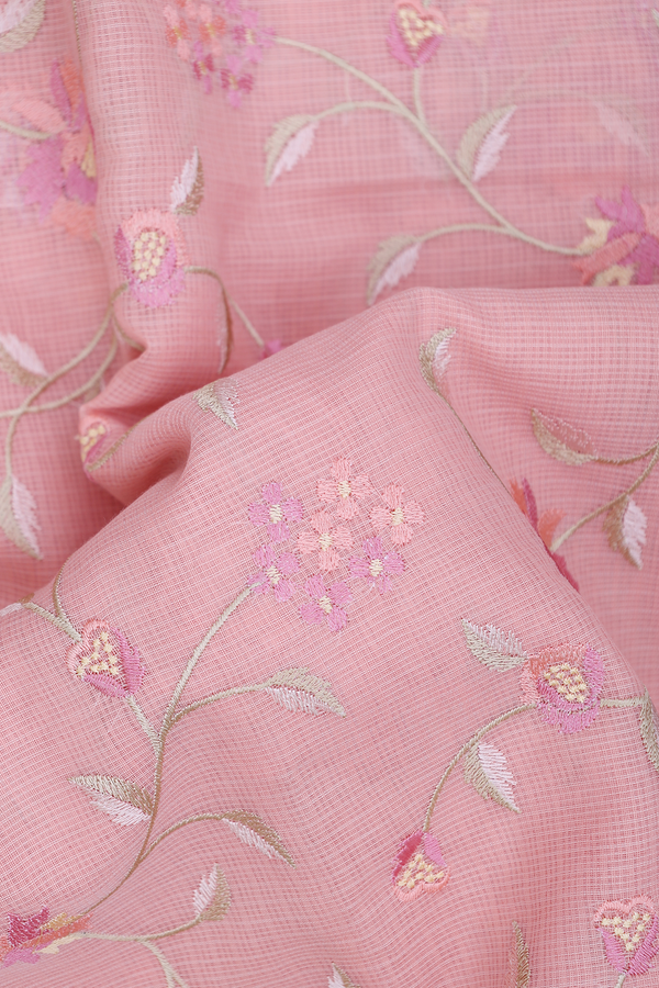 Kota Cotton Saree In Peachy Pink With Floral Design