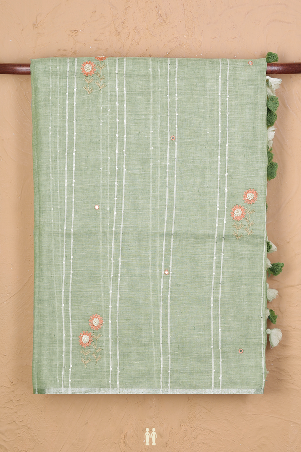 Linen Saree In Light Green Along Stripes With Buttas