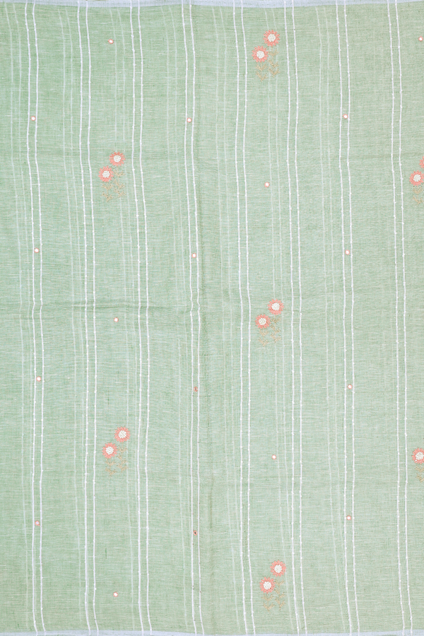 Linen Saree In Light Green Along Stripes With Buttas