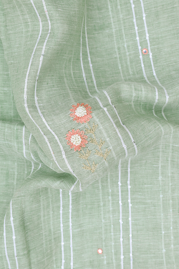 Linen Saree In Light Green Along Stripes With Buttas