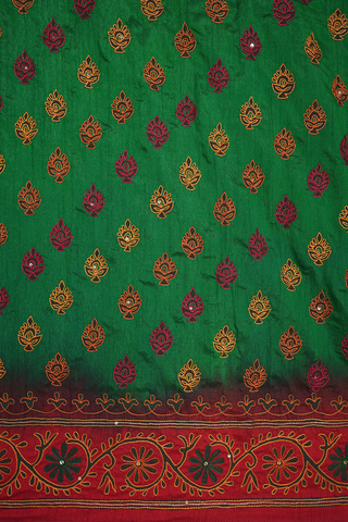 Floral Embroidered Motifs Emerald Green Raw Silk Saree