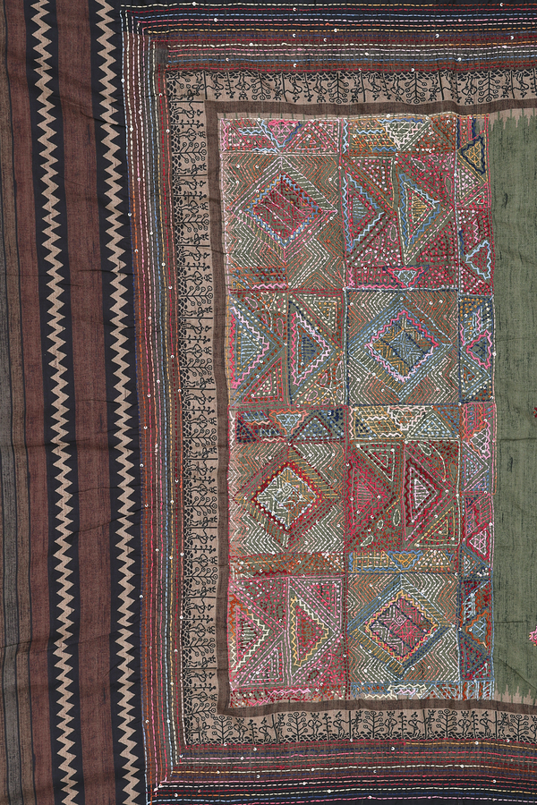 Tussar Silk Saree In Dusty Green With Embroidered Buttas