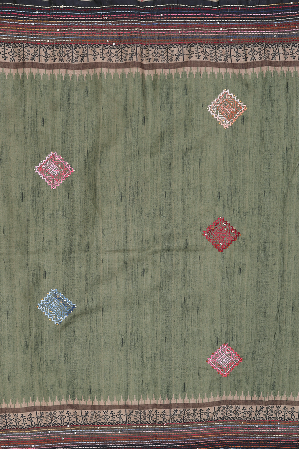 Tussar Silk Saree In Dusty Green With Embroidered Buttas