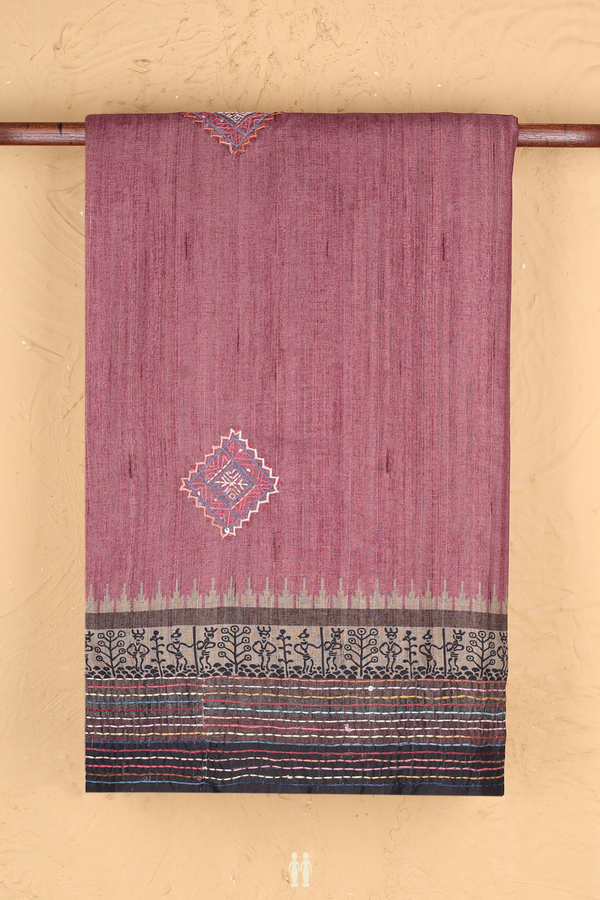 Tussar Silk Saree In Mulberry With Embroidered Buttas