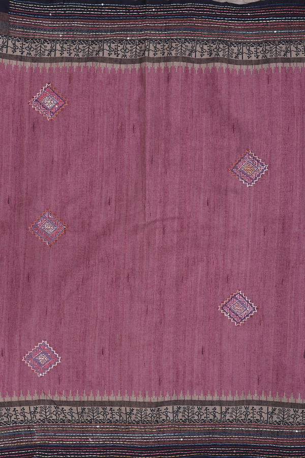 Tussar Silk Saree In Mulberry With Embroidered Buttas