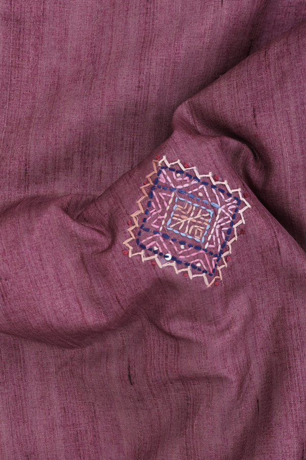 Tussar Silk Saree In Mulberry With Embroidered Buttas
