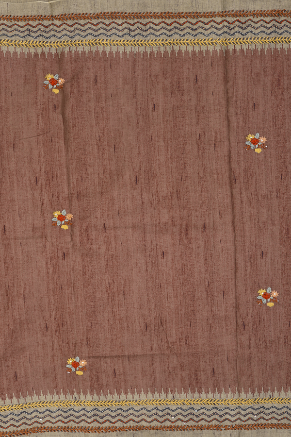 Tussar Silk Saree In Brown With Embroidered Buttas