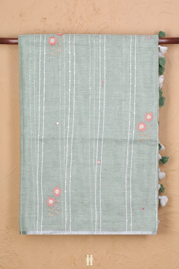 Linen Saree In Light Green Along Stripes With Buttas