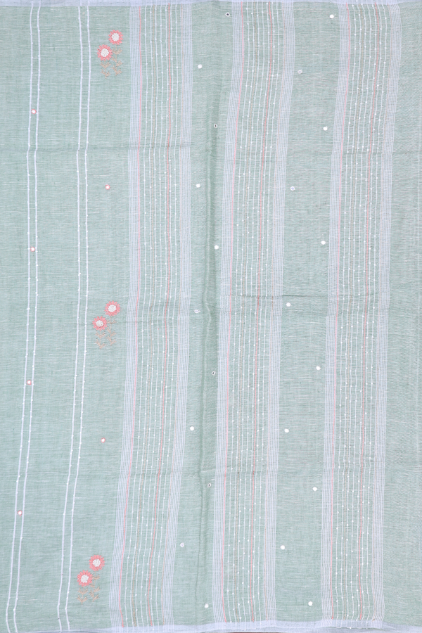 Linen Saree In Light Green Along Stripes With Buttas