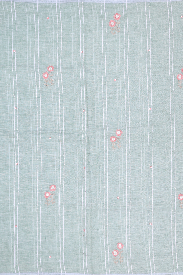 Linen Saree In Light Green Along Stripes With Buttas