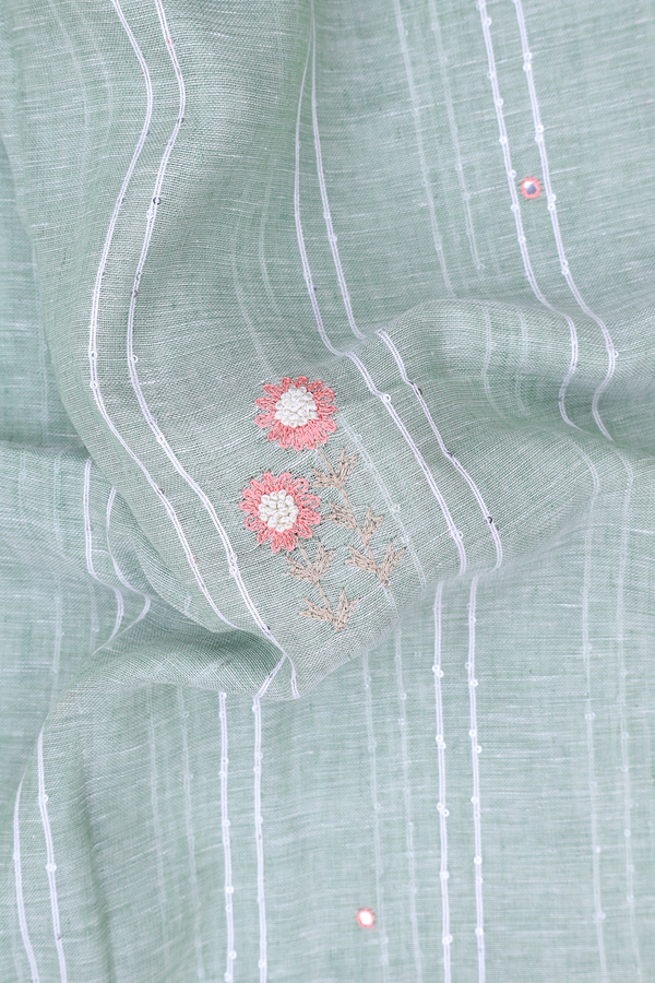 Linen Saree In Light Green Along Stripes With Buttas