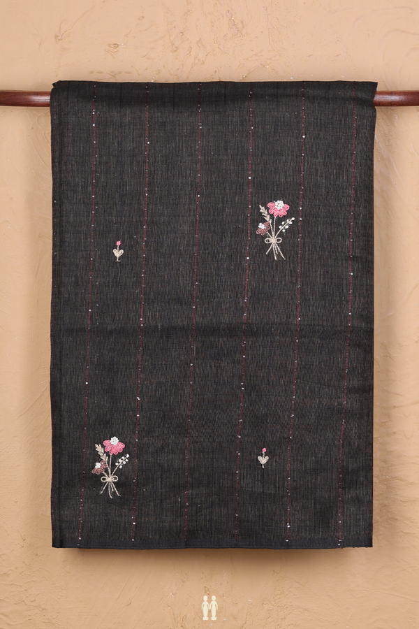Linen Saree In Dark Oak Brown Along Stripes With Buttas
