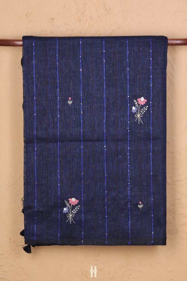 Linen Saree In Prussian Blue Along Stripes With Buttas