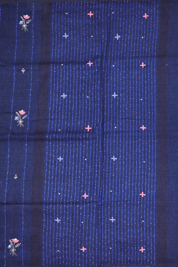 Linen Saree In Prussian Blue Along Stripes With Buttas