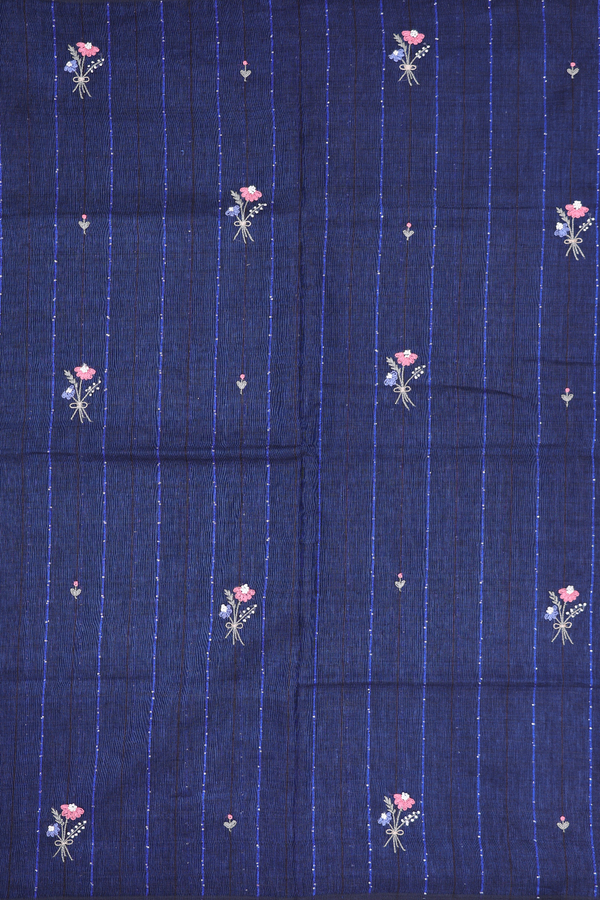 Linen Saree In Prussian Blue Along Stripes With Buttas