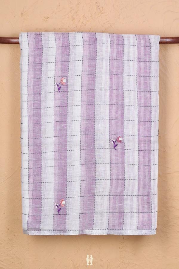 Linen Saree In White And Lavender With Checks Design