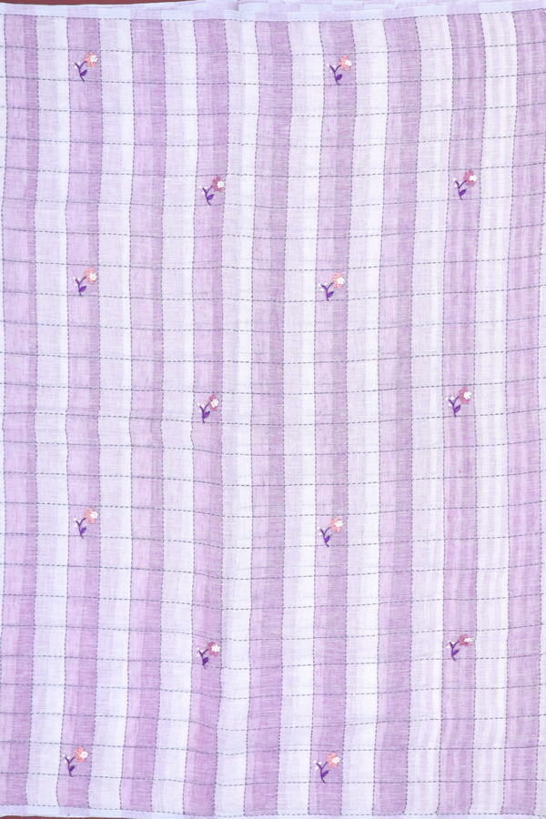 Linen Saree In White And Lavender With Checks Design
