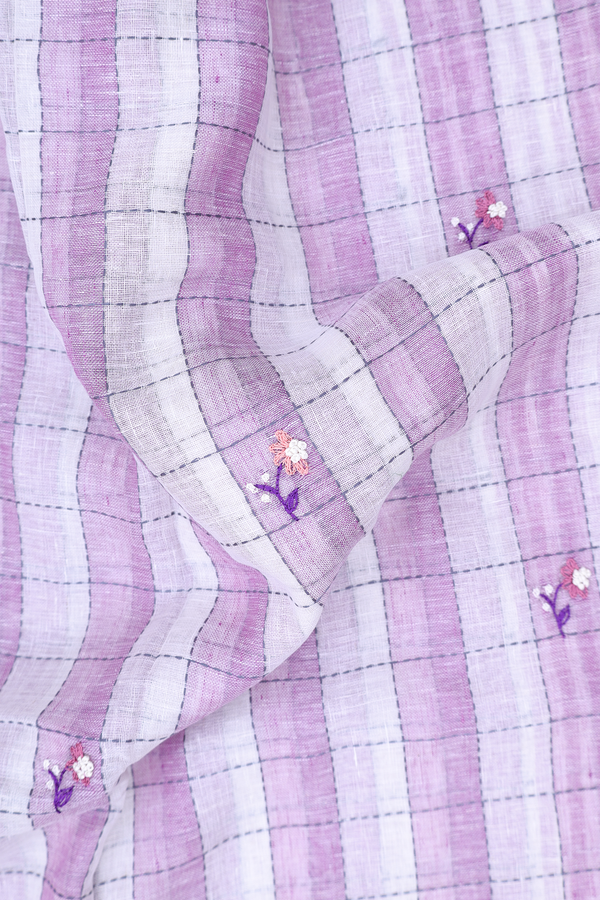 Linen Saree In White And Lavender With Checks Design