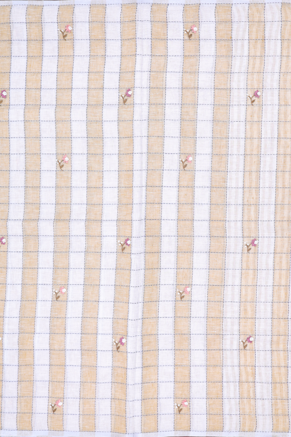 Linen Saree In Brown And White With Checks Design