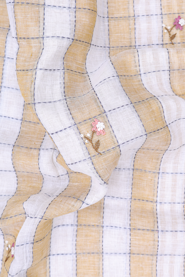 Linen Saree In Brown And White With Checks Design
