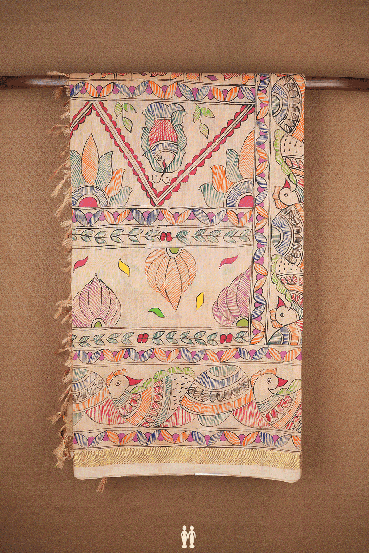 Madhubani Hand Painted Pastel Orange Kanchipuram Silk Saree