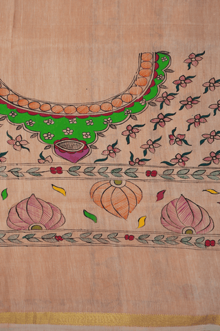 Madhubani Hand Painted Pastel Orange Kanchipuram Silk Saree