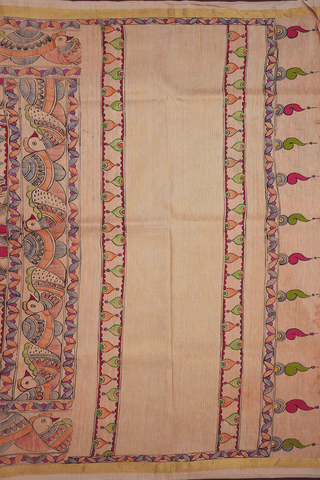 Madhubani Hand Painted Pastel Orange Kanchipuram Silk Saree