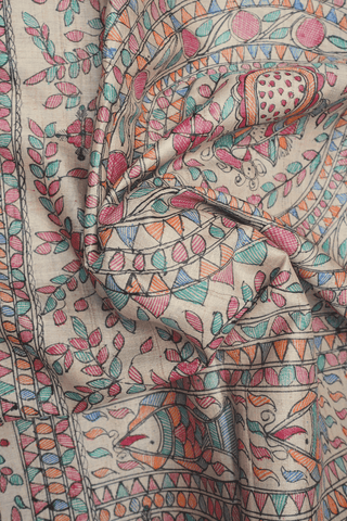 Madhubani Printed Beige Tussar Silk Saree