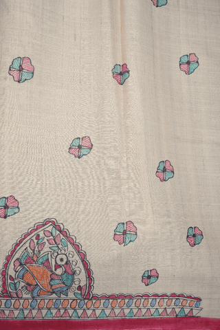 Madhubani Printed Beige Tussar Silk Saree
