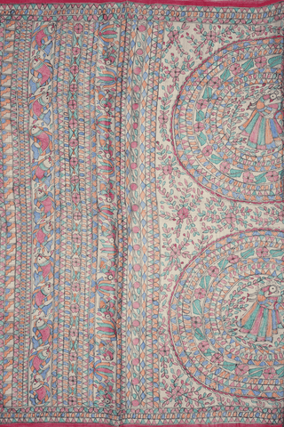Madhubani Printed Beige Tussar Silk Saree