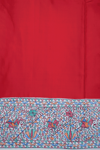 Madhubani Printed Border Chilli Red Kanchipuram Silk Saree