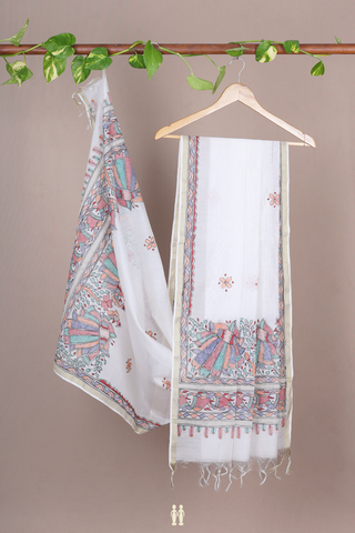 Madhubani Printed Design White Chanderi Cotton Dupatta
