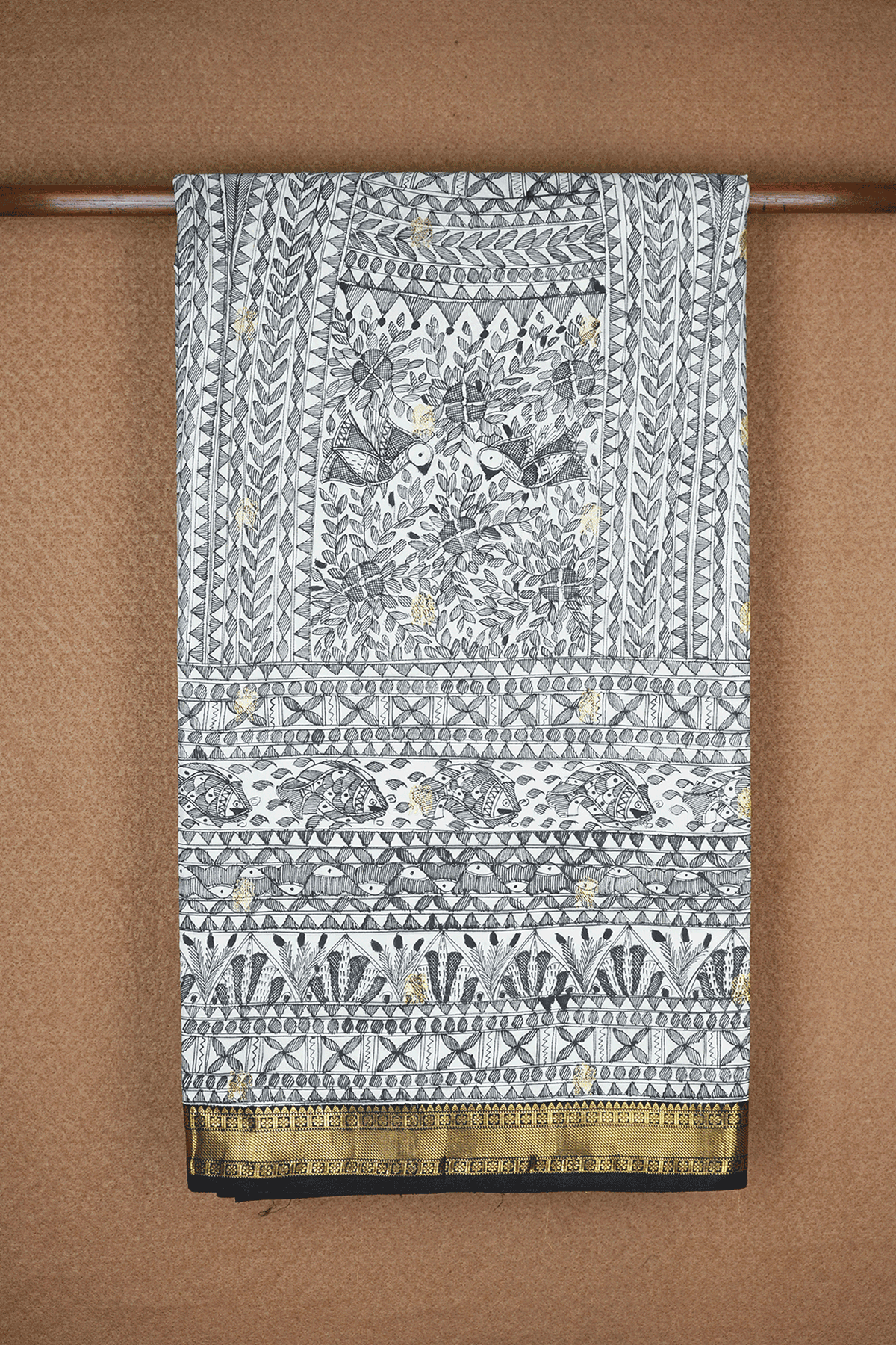 Madhubani Printed Egg White Kanchipuram Silk Saree