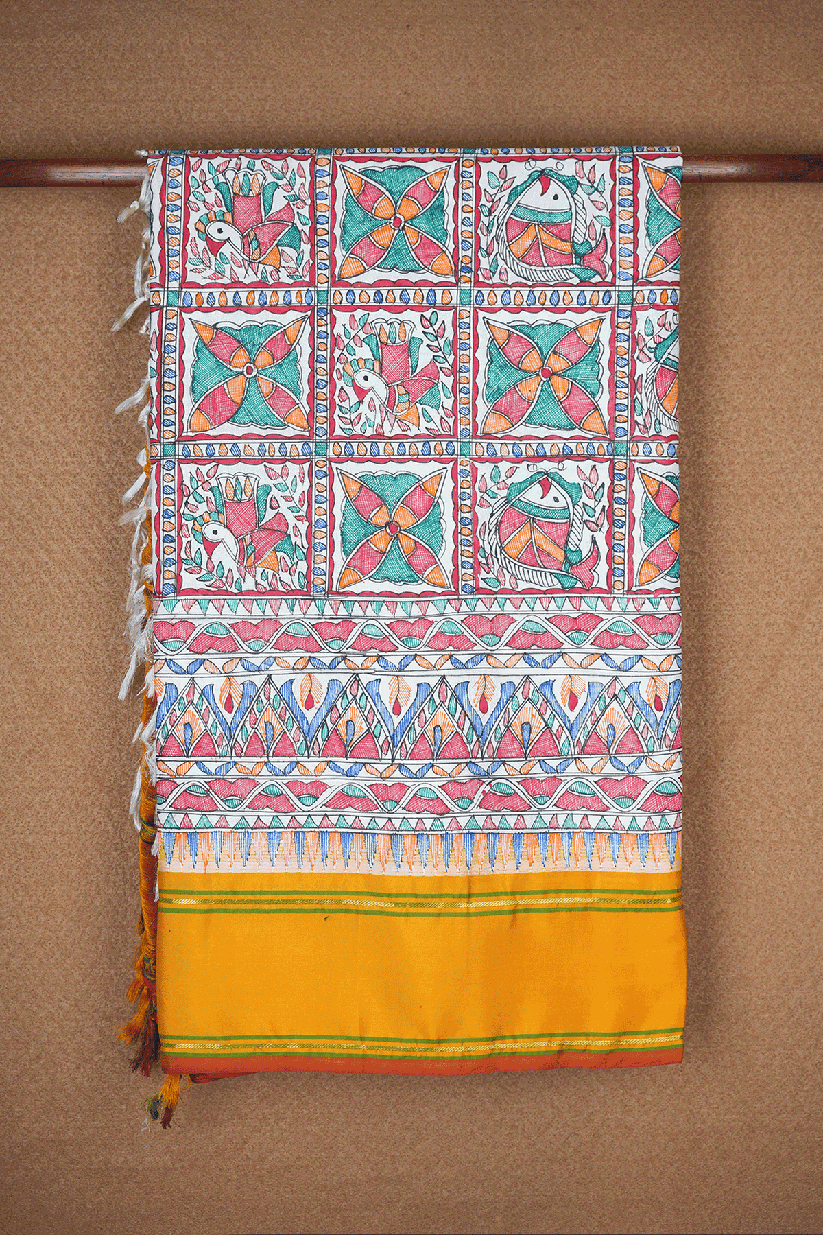 Madhubani Printed White Kanchipuram Silk Saree