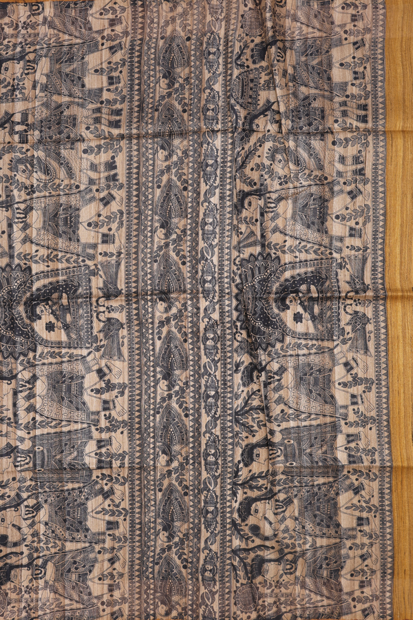 Madhubani Tussar Silk Saree In Golden Yellow With Zari Border
