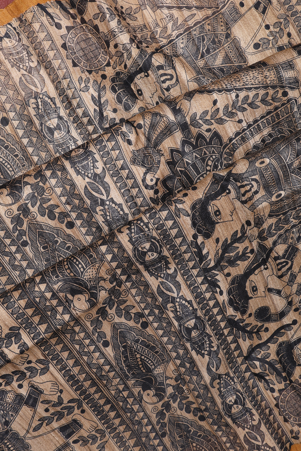 Madhubani Tussar Silk Saree In Golden Yellow With Zari Border