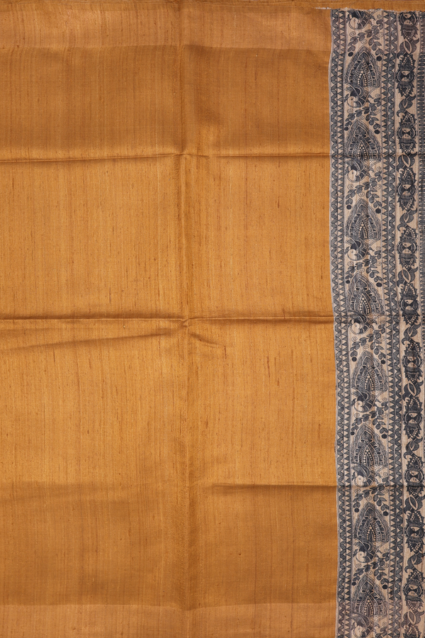 Madhubani Tussar Silk Saree In Golden Yellow With Zari Border