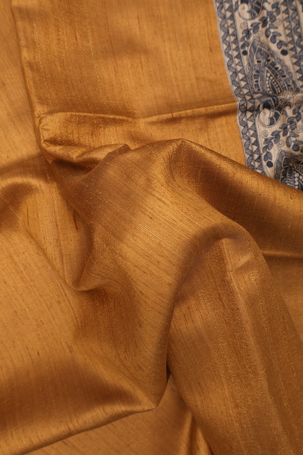 Madhubani Tussar Silk Saree In Golden Yellow With Zari Border