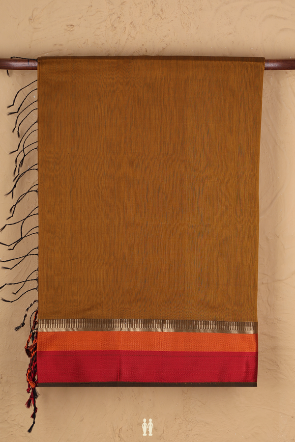 Maheswari Silk Cotton Saree Golden Brown With Threadwork Border